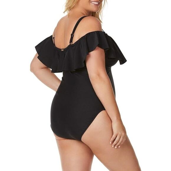 Raisins Curve Plus Size Swimsuit Womens 24W Black Off Shoulder Lace Up Rose Gold - Picture 11 of 13